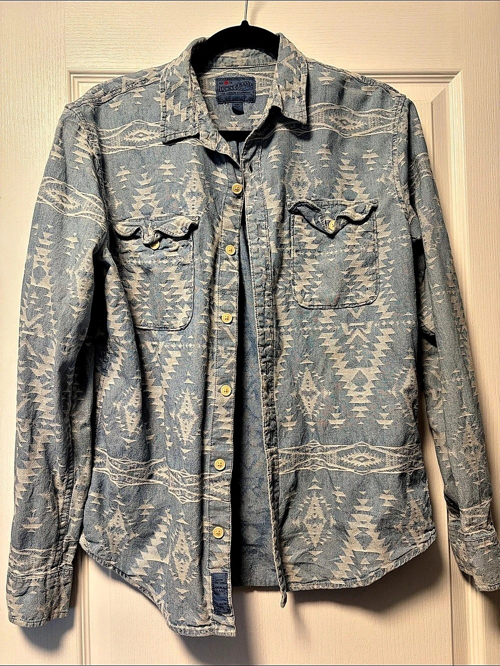 Lucky Brand True Indigo Aztec Geometric Western Long Sleeve Shirt Blue & White